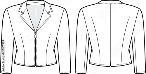 Women's jacket flat sketch, front and back view, zipper closure, long sleeve, tailored fit, fashion CAD drawing, garment design