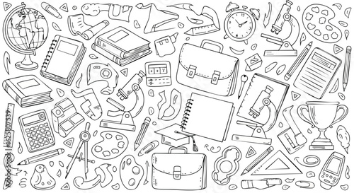 Hand-drawn doodle pattern featuring school supplies. This seamless background showcases a variety of educational tools and items, perfect for themes related to learning, education, and school