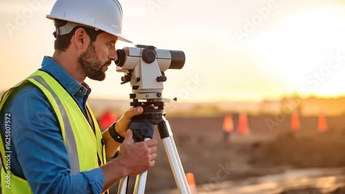 Construction surveyor taking measurements