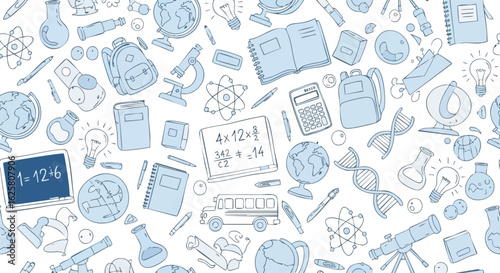 Light blue hand-drawn school supplies doodles form a seamless pattern on a white background