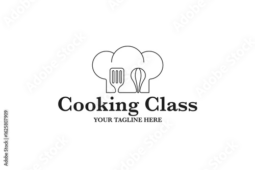 Lineart cooking classes with spatula and whisk logo design template vector illustration