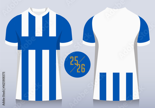 Front and back view of blue and white stripes pattern with v collar for football club. Sportswear, sport uniform, soccer jersey or football kit mockup template design in minimal style. 