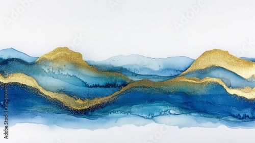 Alcohol inks create watery paint stains with gold dust. The paint forms gentle waves, like abstract blue ocean waves or marble lines. These liquid paints blend and shift in color.
