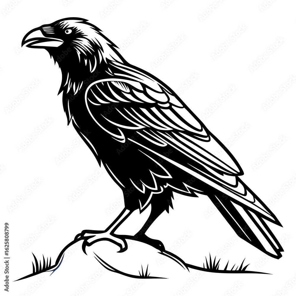 Obraz premium A striking black and white illustration of a detailed raven or crow standing on a small mound, reminiscent of a woodcut or tattoo design.