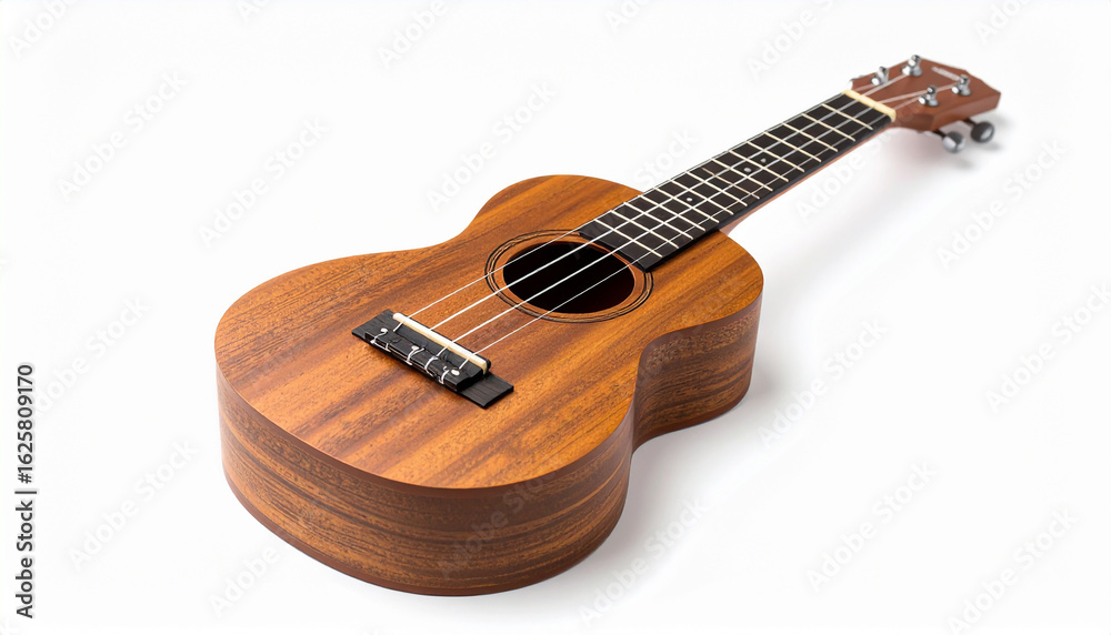 Obraz premium A wooden ukulele placed diagonally on a clean white background, soft studio shadows under the body and neck, high-resolution product style
