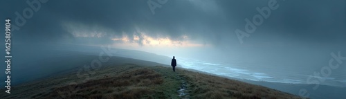Sluggish day for fatigue effect concept. A solitary figure walks through a misty landscape at dusk.