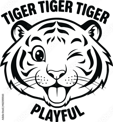 Cartoon tiger head winking with a playful expression, surrounded by the words "Tiger Tiger Tiger" and "Playful".
