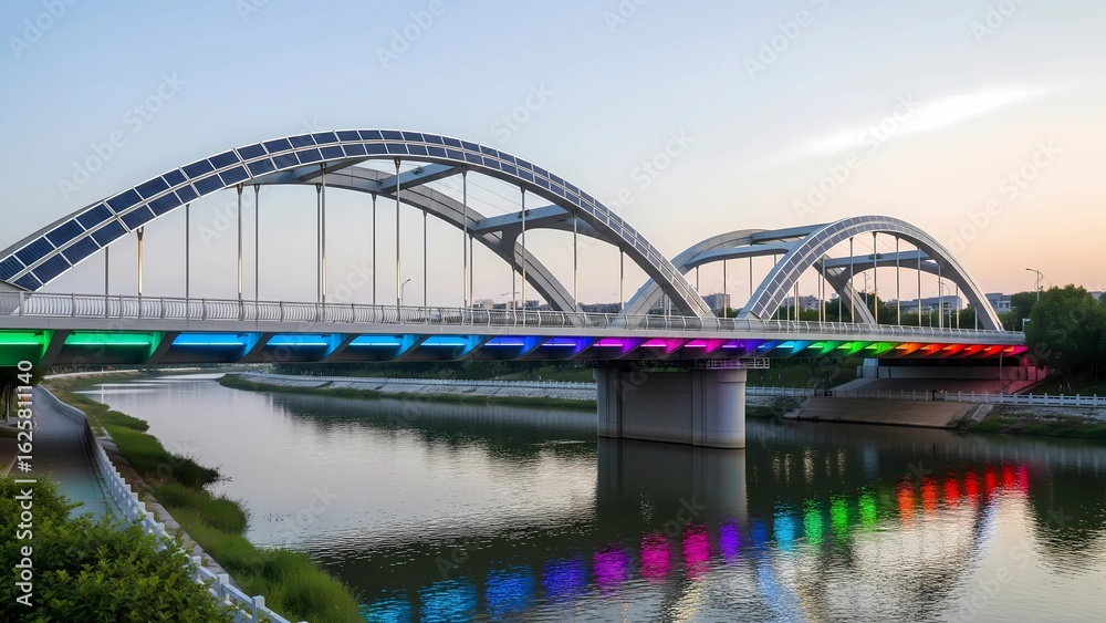 Naklejka premium This image features a modern bridge with a solar panel arch and colorful LED lighting, spanning a river at sunset, symbolizing sustainable urban infrastructure and smart design.