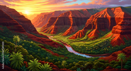 Artwork of Waimea Canyon with red cliffs, lush green vegetation, palm trees, and winding river colorful sunset sky, peaceful and vibrant
