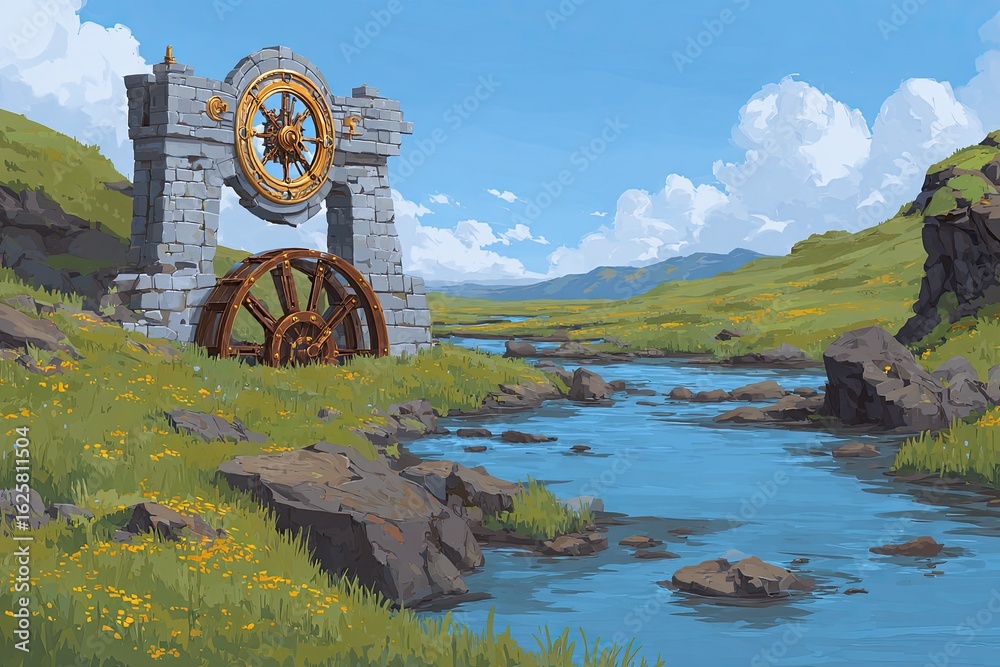 Fototapeta premium Ancient stone archway over a river in a grassy valley