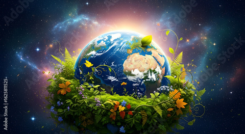 Earth globe embraced by vibrant greenery, symbolizing environmental harmony against a cosmic backdrop