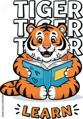 A cute cartoon tiger cub sits happily while reading a blue alphabet book to learn.