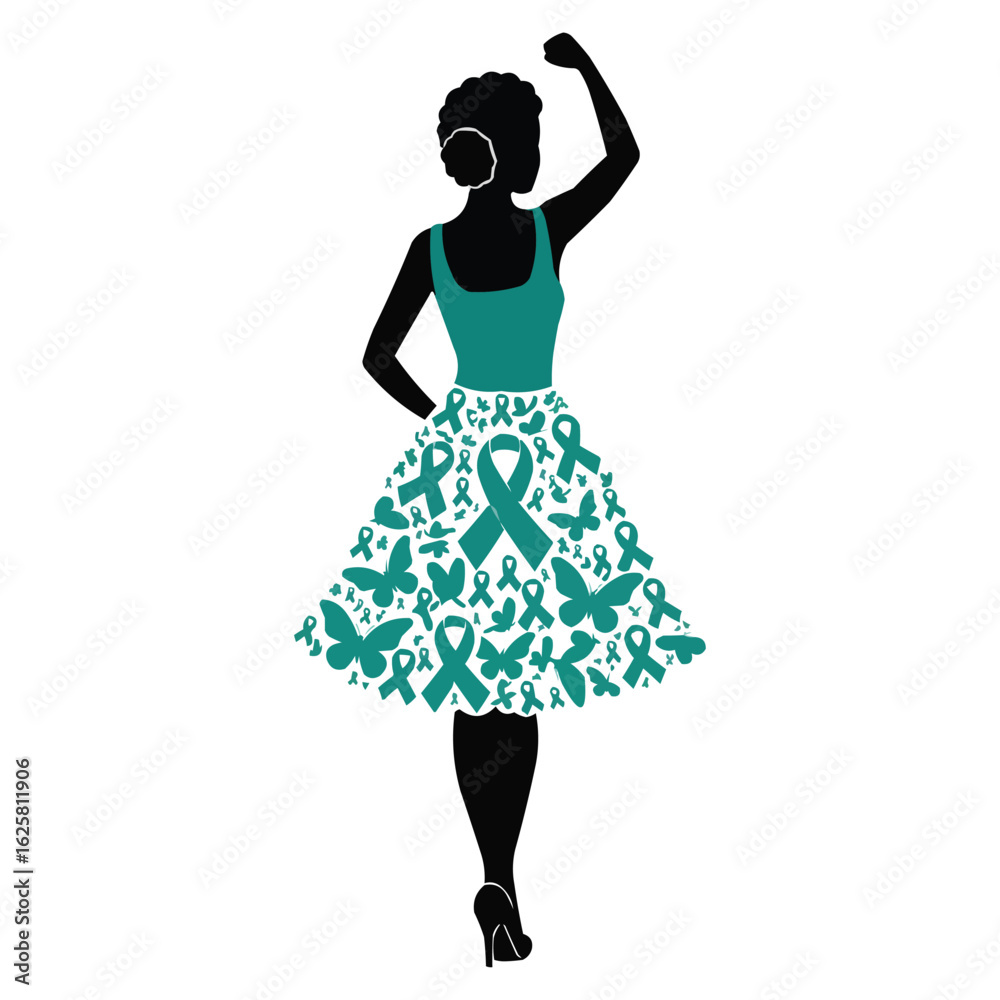 Naklejka premium Cervical Cancer Awareness Silhouette Empowered Woman with Teal Ribbon Skirt