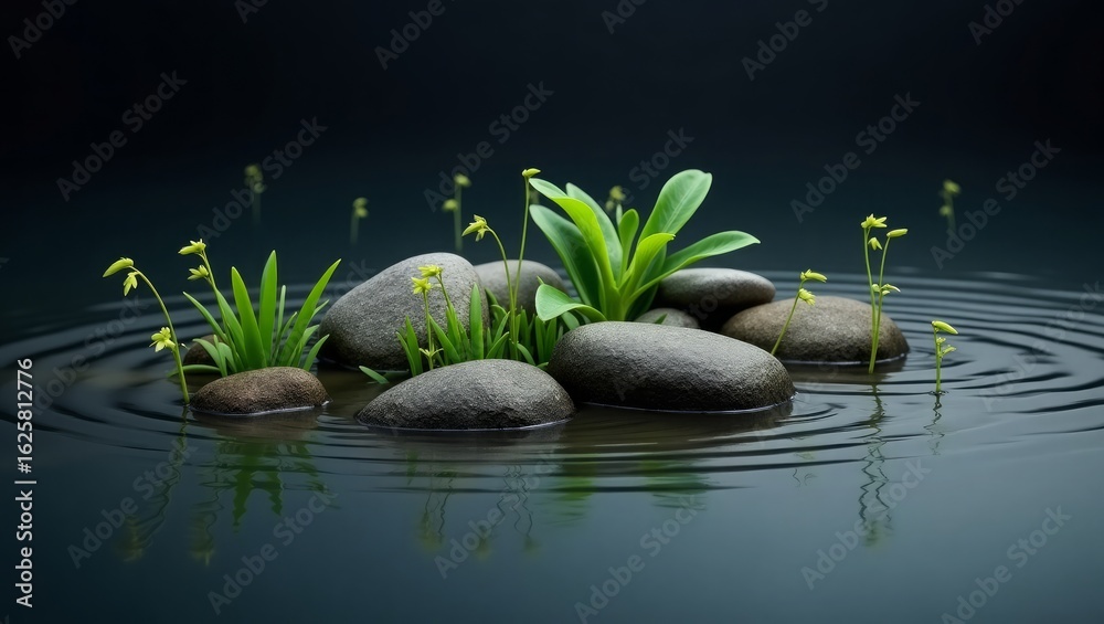 Naklejka premium Green Grass Growing Among Stones on Water – Minimalist Wellness and Spa Concept