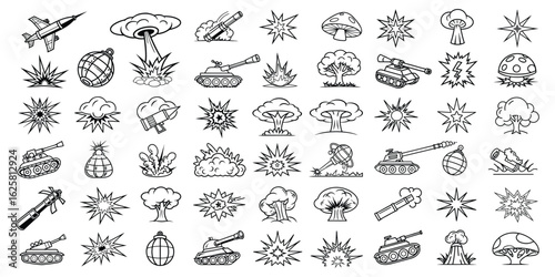 Collection of black and white military and explosion icons in a line art style featuring tanks missiles and mushroom clouds