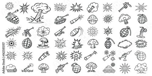 Explosive Warfare Icon Set with Tanks Grenades and Explosions Depicting Conflict and Destruction Line Art Graphic Style