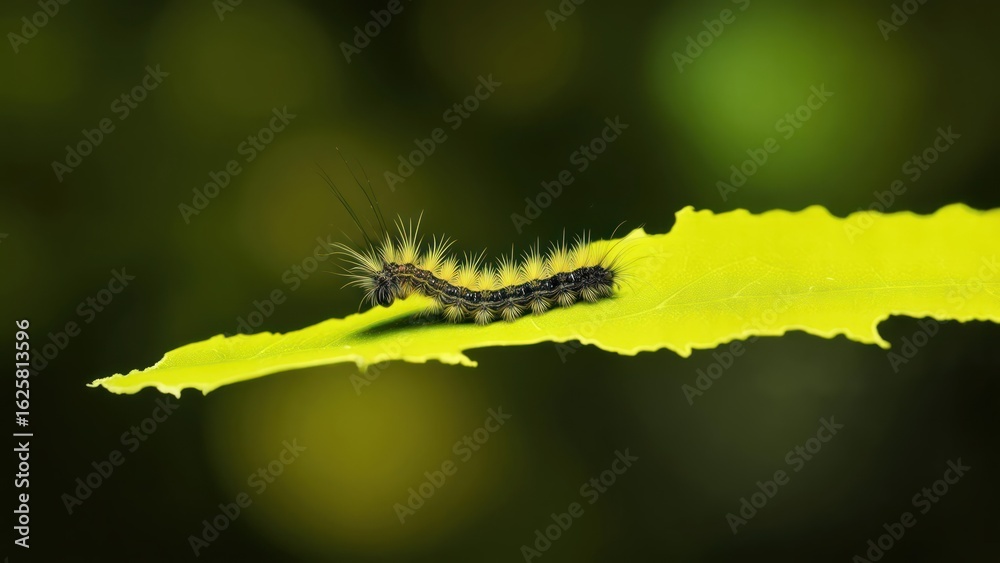 Naklejka premium Close-up of a caterpillar on a vibrant lime-colored leaf