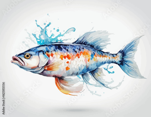  The fish's body is covered in detailed, shimmering scales that transition in color from a vibrant, metallic blue-green on its back to a softer, pearlescent white on its underside. Its head, gills, an