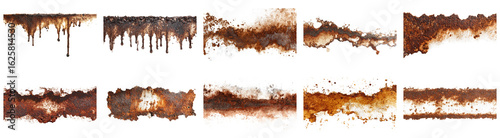 Explore a collection of rust stains on a white background. The images showcase various patterns and textures, perfect for design and artistic projects.