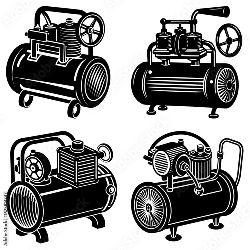 Four black and white illustrations of different air compressors with varying designs and configurations