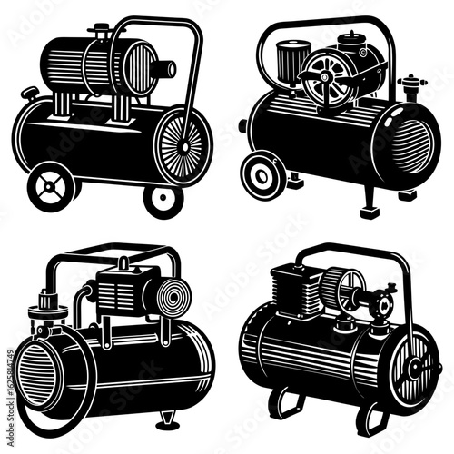 Illustration showing a set of four different air compressors in a black and white color scheme design