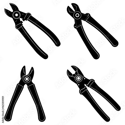 A set of four black and white illustrations of pliers in various open and closed positions displayed nicely