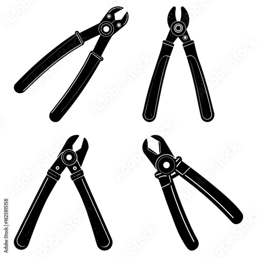 Four black and white illustrations of end cutting pliers in various open and closed positions shown
