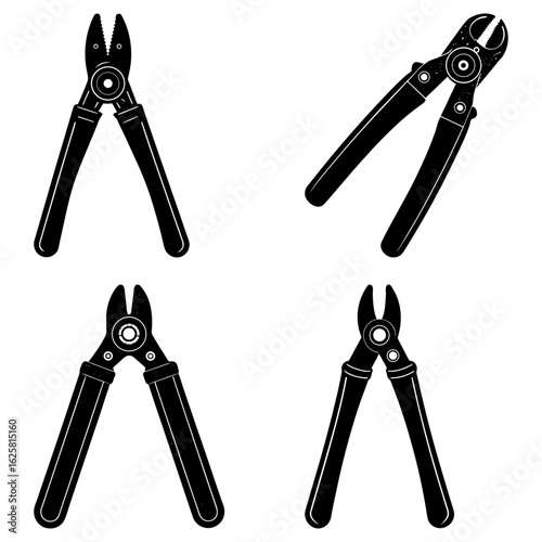 Illustration of four black wire cutters in different positions isolated on a white background view tool