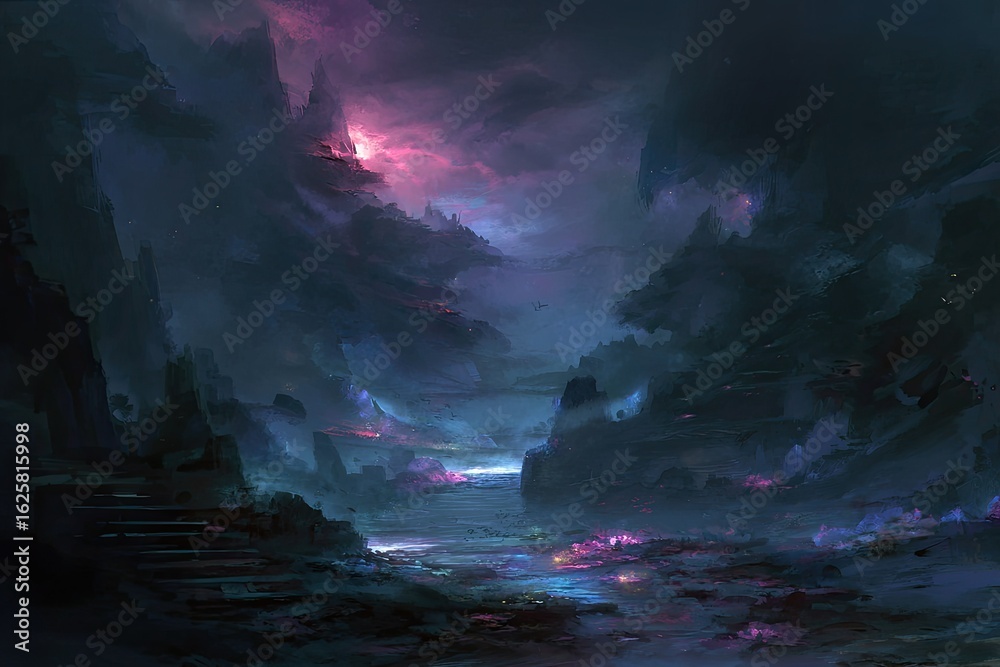 Fototapeta premium Dark, mystical valley; vibrant colors