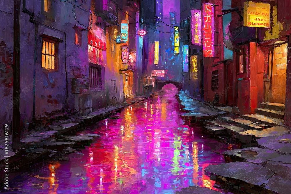 Fototapeta premium Neon-lit alleyway reflects vibrant city lights in a canal