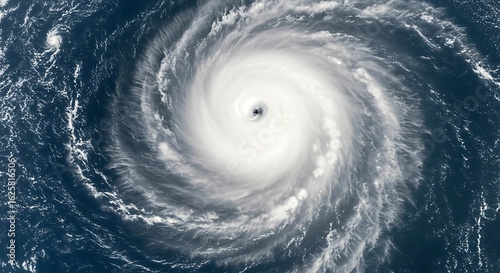 Satellite view of a powerful hurricane with a clear eye swirling over the deep blue ocean, a dramatic weather event.