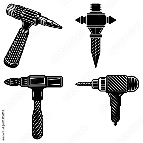 Illustration of four different types of hand drills with unique designs and black and white shading