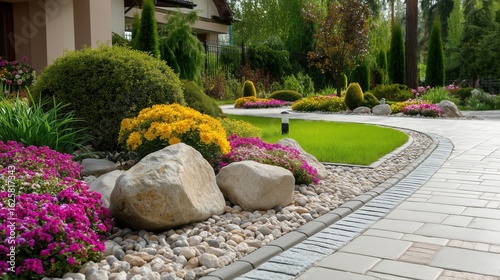 Elegant Garden with Pebble Pathway and Colorful Flower Beds in Residential Landscape Design
