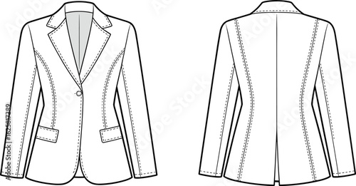 Women's tailored blazer jacket flat sketch, front and back view, vector CAD drawing, formal fashion design, stylish outerwear illustration