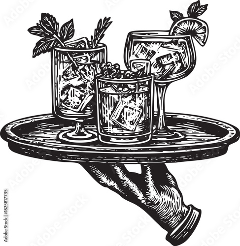 Hand Holding Tray of  Fruit's juice  Vector Illustration in Engraved Style on Transparent background 