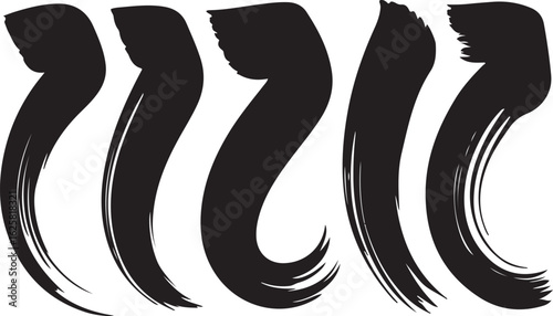 Set of five abstract black paint brush strokes isolated on a white background. Dynamic curved ink swipes.