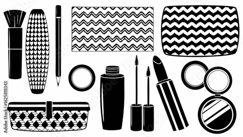 Illustration of various makeup products including lipstick mascara and brushes in black and white style | editable eps vectors silhouette