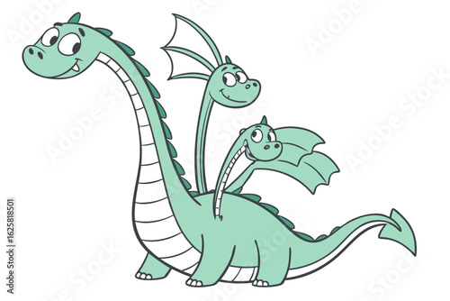 Baby hydra cartoon, multiple tiny heads, simple vector style, soft green color, happy face