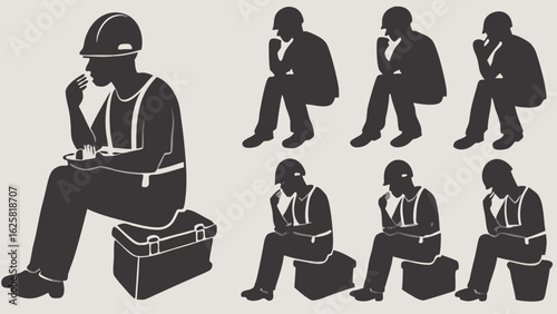 Silhouettes of construction workers taking a break and eating or in thoughtful poses sitting down | editable eps vectors