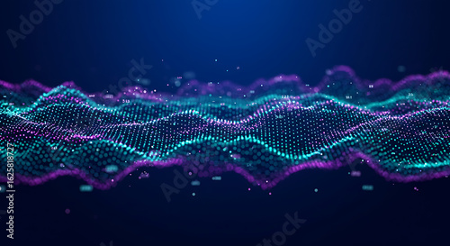 Abstract digital landscape with flowing, undulating waves of purple and turquoise particles against a dark blue gradient background.