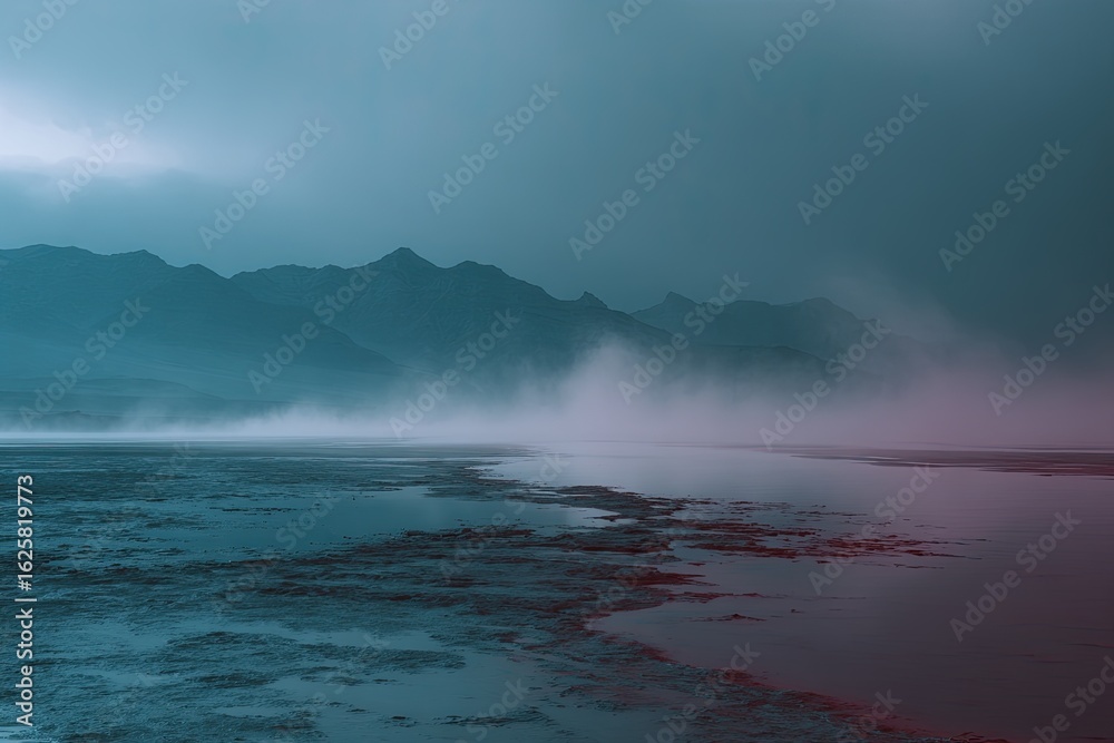 Naklejka premium Misty, moody landscape with muted colors. Distant, hazy mountains rise above a still body of water shrouded in vapor
