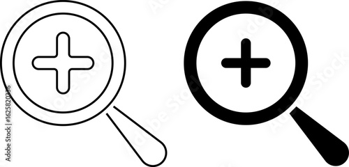 Magnifying Glass icons. magnifier with plus symbol. loupe with plus mark sign. Research tool concept. find information. zoom in icons
