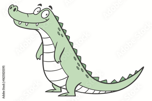 Cartoon crocodile vector, simplified flat design, green tone, smiling, standing upright, white background