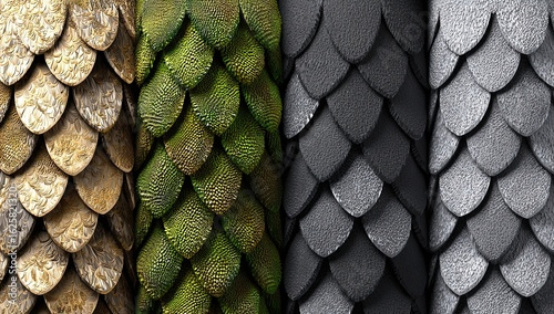 Close-up of three columns of overlapping dragon scales