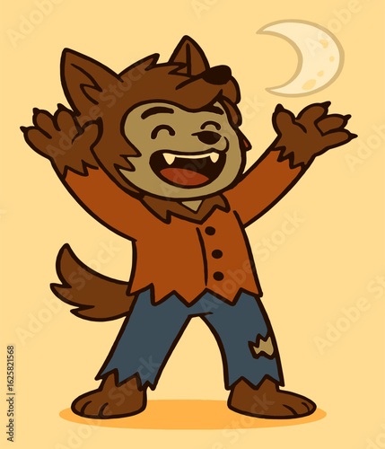 A playful young man in a werewolf costume howls with arms raised and a big smile, set against a soft pastel background with a glowing crescent moon.