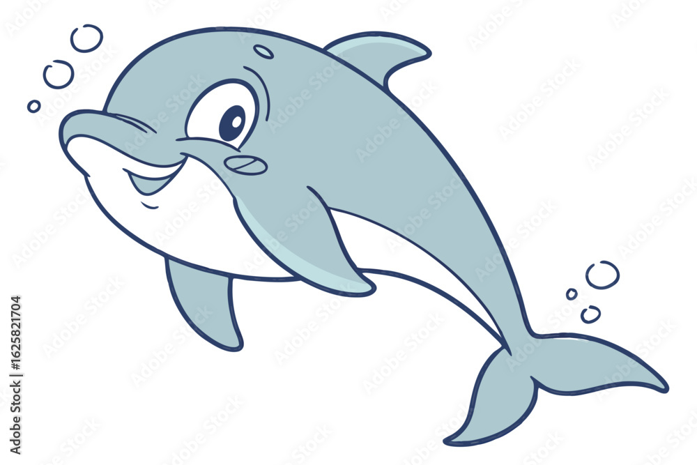Fototapeta premium Cartoon dolphin vector art, cute and playful, minimal flat design, soft blue tone, white background