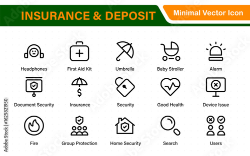 Insurance and deposit- minimal thin line web icon set. Insurance editable stroke symbols collection. Life, Car, House, Care, Money Insurance.
