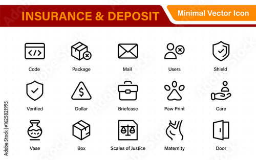 Insurance and deposit- minimal thin line web icon set. Insurance editable stroke symbols collection. Life, Car, House, Care, Money Insurance.