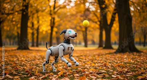 A robotic dog runs in a park during autumn, chasing after a yellow tennis ball in a playful manner.
