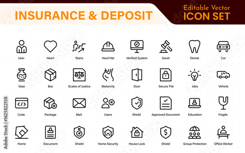 Insurance and deposit- minimal thin line web icon set. Insurance editable stroke symbols collection. Life, Car, House, Care, Money Insurance.